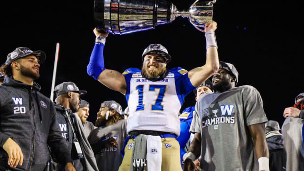 Nov 24, 2019; Calgary, Alberta, CAN; Winnipeg Blue Bombers quarterback Chris Streveler (17) celebrate their win over Hamilton Tiger-Cats during the 107th Grey Cup championship football game at McMahon Stadium. Mandatory Credit: Sergei Belski-USA TODAY Sports